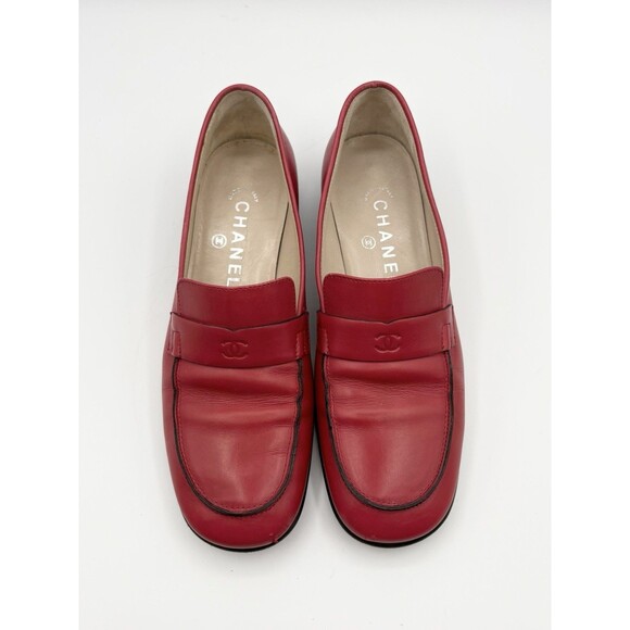 Chanel Red Calf Leather Loafers CC Logo Vintage Black Trim Y2K Sz EU 36